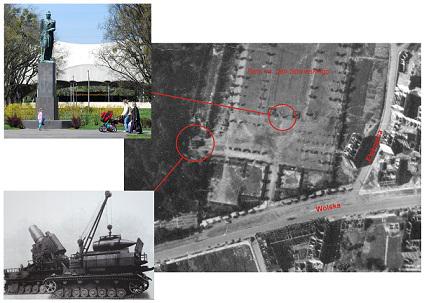Widok Parku Sowińskiego z lotu ptaka - fotografia lotnicza Luftwaffe z 18 sierpnia 1944 r. Moździerz oblężniczy &bdquo;Karl&rdquo;. Pomnik generała Sowińskiego &ndash; jako punkt orientacyjny.