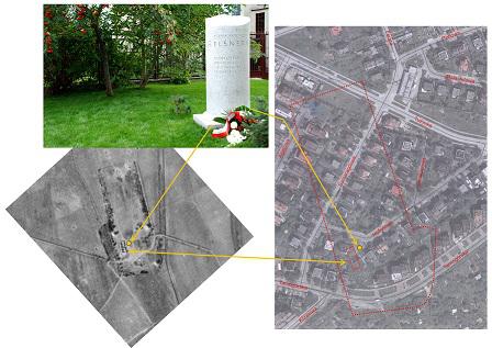 Zarys teren&oacute;w folwarku i dworu J&oacute;zefa Elsnera z lotu ptaka &ndash; fotografia lotnicza Luftwaffe z 17 września 1944 r. Obrys folwarku na obecnym planie Warszawy &ndash; zdjęcie satelitarne. Pomnik upamiętniający istnienie dworu J&oacute;zefa Elsnera &ndash; Warszawa, ul. Nefrytowa